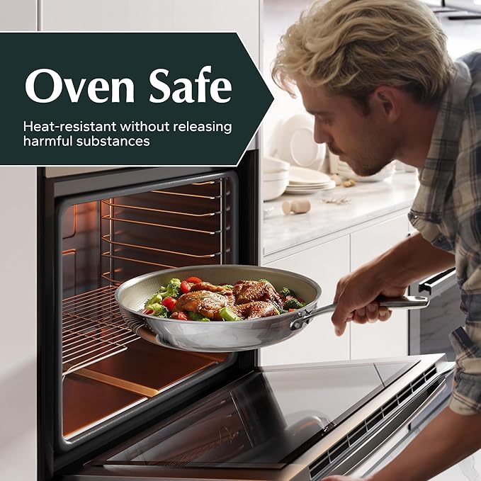 Redchef Non Stick Frying Pans, Hybrid 10 Inch Ceramic Frying Pan, Tri-Ply Stainless Steel Skillet, Non Toxic, PFAS PFOA & PTFE Free, Dishwasher & Oven Safe, Compatible with All Cooktops