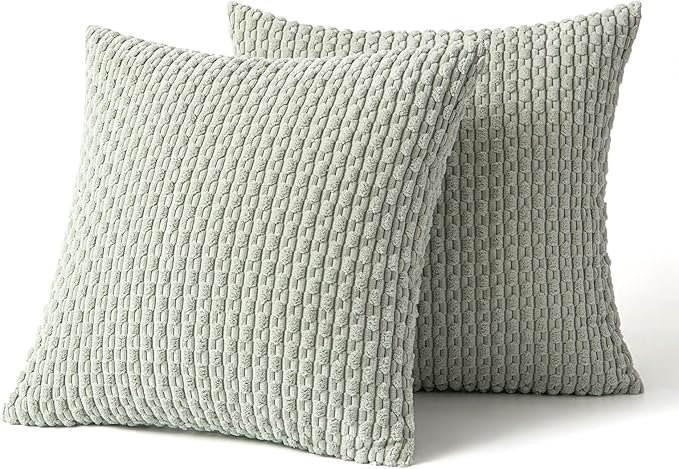 MIULEE Throw Pillow Covers Soft Corduroy Decorative Set of 2 Boho Striped Pillow Covers Pillowcases Farmhouse Home Decor for Couch Bed Sofa Living Room Spring 20x20 Inch Light Green