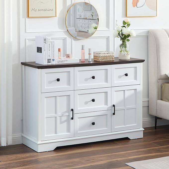 5+2 White Dresser for Bedroom, Chest of Drawers for Bedroom with Wooden Drawers and Cross Doors, Wood Dressers Storage TV Stand for Bedroom, Living Room