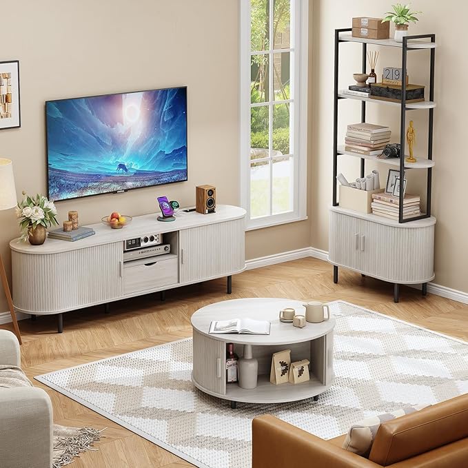 69" TV Stand with Power Outlet for TVs up to 80", Entertainment Center with Storage and Drawer, TV Console with Adjustable Shelves and Sliding Door, TV Stand for Living Room, Natural White