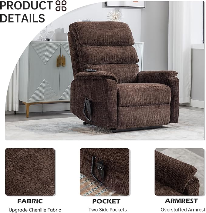 Lay Flat Lift Chair with Heat and Massage, Dual Motor Recliner, Infinite Position, Up to 350 LBS, Dark Brown, Chenille Fabric