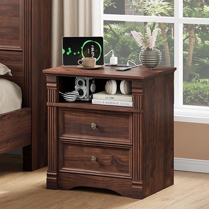 Walnut Nightstand with Charging Station, Farmhouse End Table with 2 Drawers and Storage Shelf, Wooden Bedside Table with Metal Handles, Vintage Design, Organizer for Bedroom, Hallway
