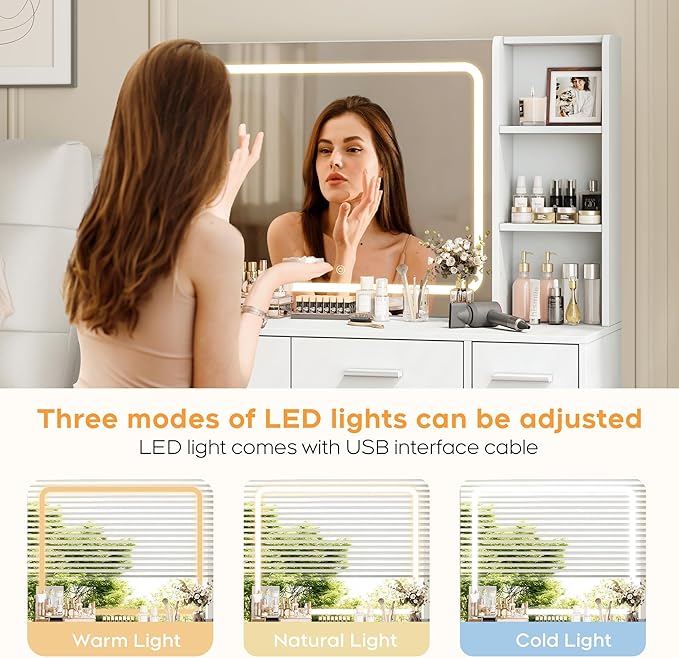 Newly Designed Smart Mirror Vanity Dresser, Soft and Non-Glaring Light,Makeup Vanity with Drawers for Bedroom Dressing Room, Women Girls (White)