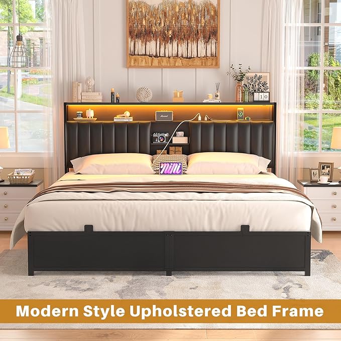Aheaplus King Size Bed Frame with Charging Station & Led Lights, Platform Bed with Leather Upholstered Headboard and Storage, Metal Slats Support No Box Spring Needed, Noise-Free,-B6, Black Oak