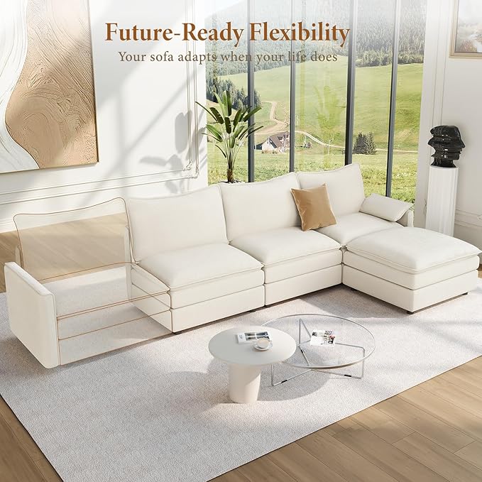 Vesgantti 108" Modular Sectional Sofa, Comfy Cloud Couch with Movable Ottoman Deep Seat Chenille L Shaped Modular Sofa, Sectional Couches for Living Room, Bedroom and Apartment, Snow White