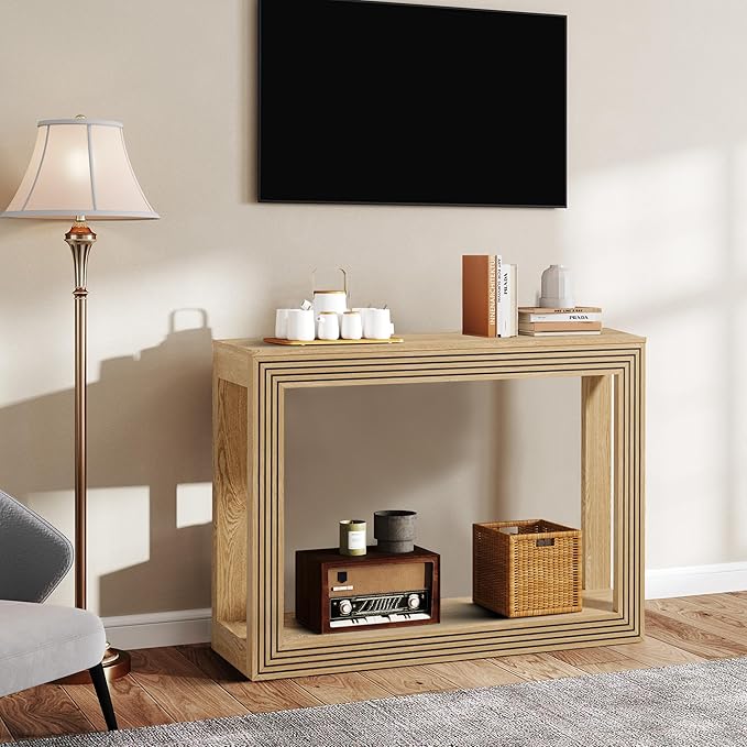 Mid-Century Fluted Console Table with Storage, Narrow Wooden Entryway Sofa Table Behind The Couch Small Entry Table for Entryway, Front Hall, Hallway Living Room, Natural