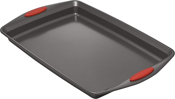 Rachael Ray Nonstick Bakeware with Grips includes Nonstick Bread Pan, Baking Pan, Cake Pans and Cookie Sheet / Baking Sheet - 5 Piece, Gray with Red Grips