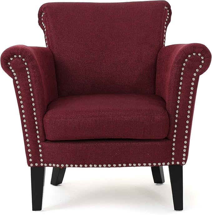 Christopher Knight Home Brice Vintage Scroll Arm Studded Fabric Club Chair, Wine / Dark Brown 29.5D x 31W x 31.5H Inch