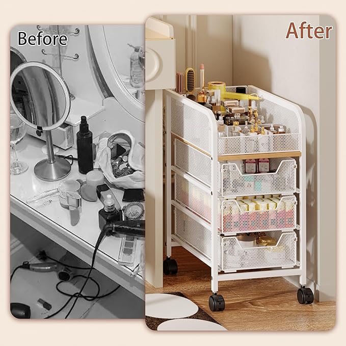 Rolling Makeup Cart Organizer with 3 Drawers, 4-Tier Narrow Floor Skincare Organizers with dividers, Vanity Organizer Cosmetics Display Cases for Makeup Brush, Hair Tool, White