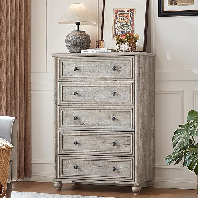 Farmhouse 5 Drawers Dresser for Bedroom, Wood 45" Tall Chest of Drawers, Dresser Rustic Storage Dressers Organizer with Metal Handle Closet for Living Room, Hallway Entryway