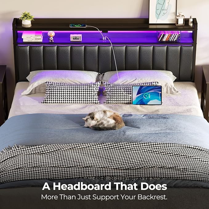 Rolanstar Headboard for King Size Bed with Storage, 60,000 DIY Color of LED Light, Head Board with USB & Type C Port, Height Adjustable, Black Upholstered Cabeceras de Cama Comfortable Modern, Leather