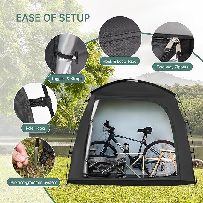 Travel Bike Storage Shed Tent - 210D Outdoor Portable Bicycle Storage Shed 8" L x 7.98" W x 10" H - Waterproof, UV Resistant, Portable Bike Shelter for Outdoor Protection (Black)