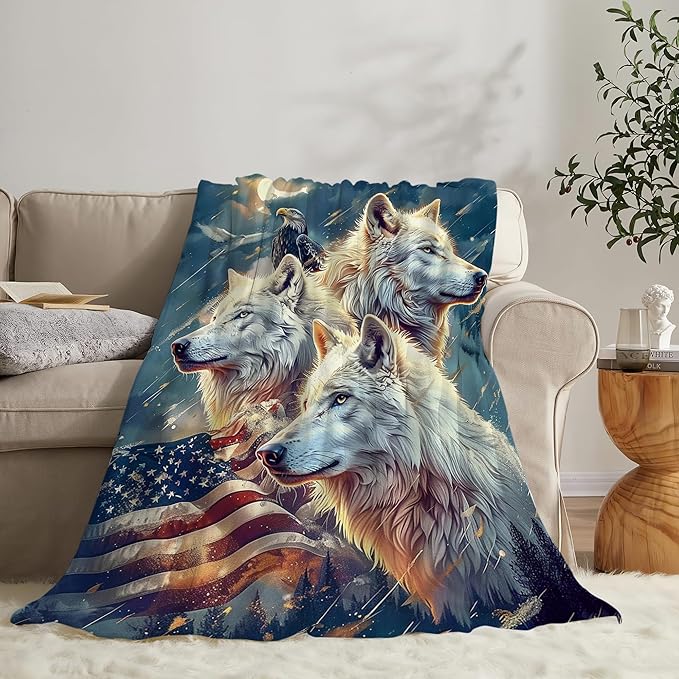 American Wolf Blanket Wolf and Eagle Throw Blanket Wolf Gifts and Decor American Flag Wolf Blanket for Women Men Girls Boys Soft Warm Cozy Fleece Blanket for Couch Sofa Bed 80"x60"