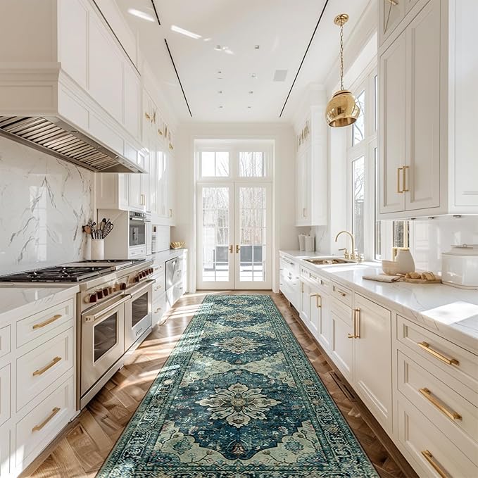 Area Rugs 2'x10' Washable Non-Slip, Floral Vintage Distress Print Pattern Medallion Carpet for Living Room Bedroom Dining Room, Dark Blue Vintage