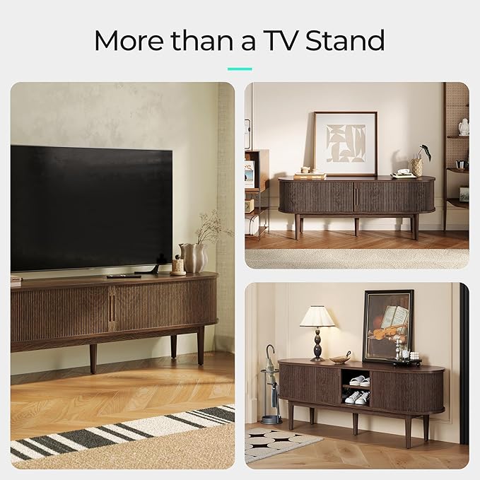 LINSY HOME TV Stand for 65" TV, Mid-Century Modern 58" Entertainment Center with Sliding Tambour Door and Storage Cabinet, Cruved TV Media Console Table for Living Room, Bedroom, Walnut