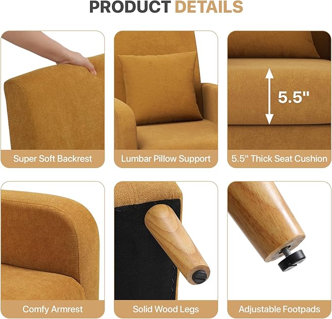 Magshion Mid-Century Accent Chair for Living Room, Comfy Reading Chair for Bedroom, Upholstered Linen Fabric Armchair Single Sofa with Back Pillow & Wood Legs, 300 lbs Capacity, Yellow