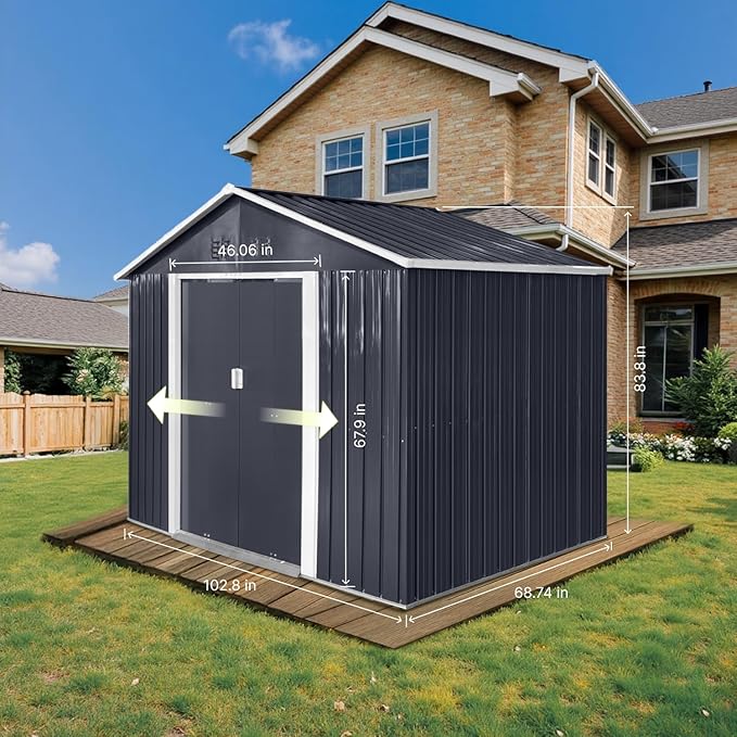 9 x 6.4 Ft Outdoor Storage Shed, Heavy-Duty Metal Shed with Windows & Secure Lockable Doors, Ideal Storage Shed for Outdoor, Patio, Garden, and Backyard, Black