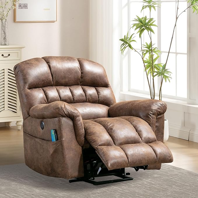 Bonzy Home Power Lift Chairs Recliner with Massage and Heating, Electric Recliner Chair with 24" Wide Seat for Big People, Full Padded Backrest, Waterproof Faux Leather, USB Charging Ports, Brown
