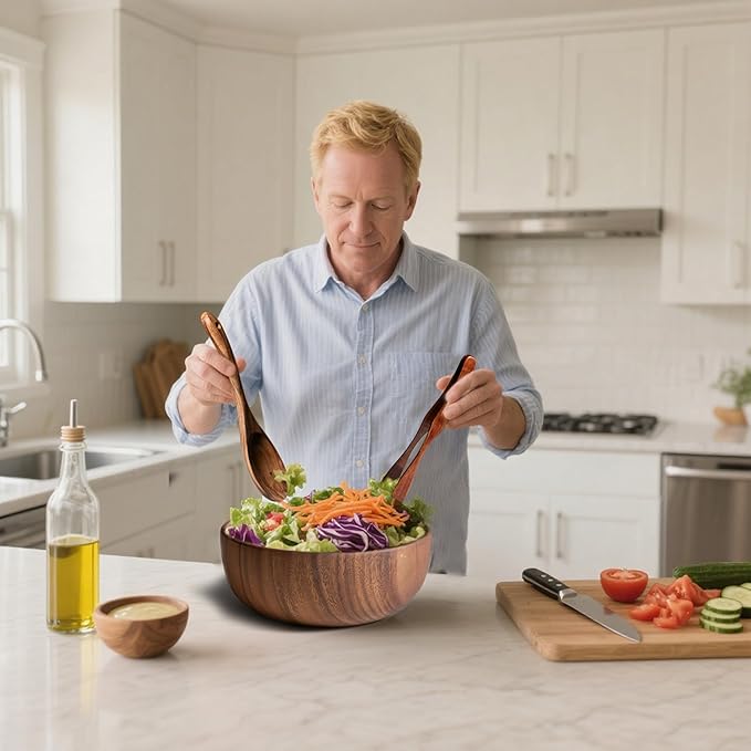Salad Bowls, Wooden Salad Bowls Set, Large Acacia Wood Serving Bowl for Soup, Fruits,Popcorn,Big Salad Bowl with Serving Utensils(Includes a Spoon And a Pair Of Tongs.)