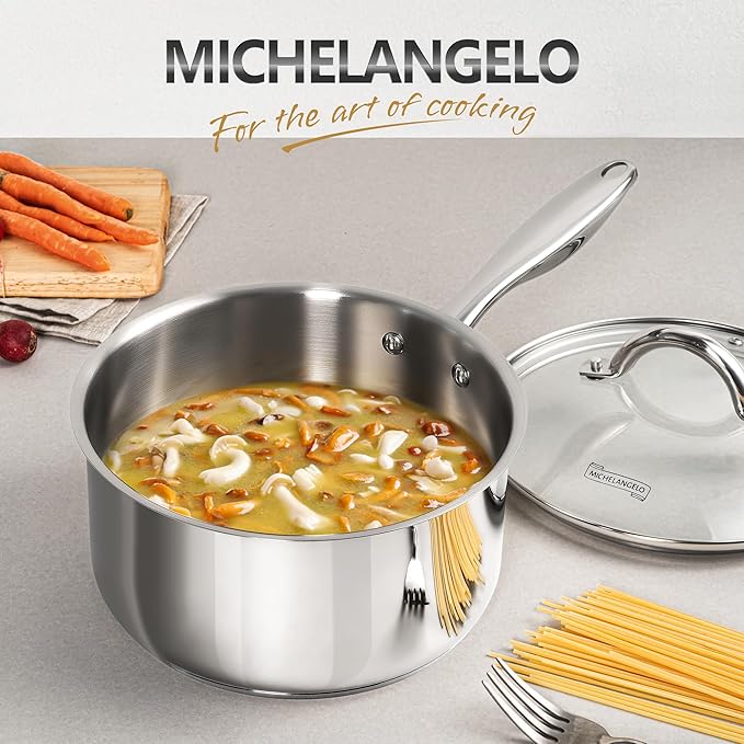 MICHELANGELO 3 Quart Saucepan with Lid, 18/10 Stainless Steel Sauce Pan with Tri-Ply Bottom, 3QT Sauce Pot, Induction Compatible