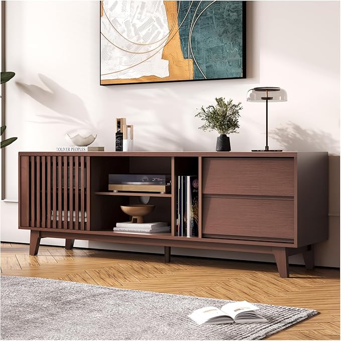 JOINCE,66" TV Stand for 60/65/75 inch tv, Mid Century Modern Entertainment Center/TV Stand and Media Console Table with Drawer and Shelf, Slatted Door TV Console for Living Room, Bedroom, Walnut