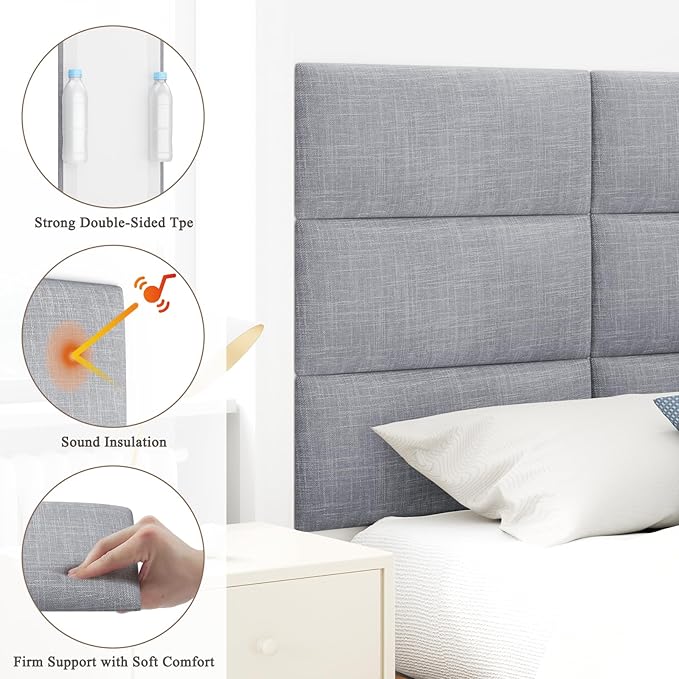 Upholstered Headboard for King Size Bed, Wall Mounted & Peel and Stick Headboard, Soundproof DIY Wall Panels, Fabric Tufted Head board in Modern Design for Bedroom (12 Panels, Each 23.62"x9.84")