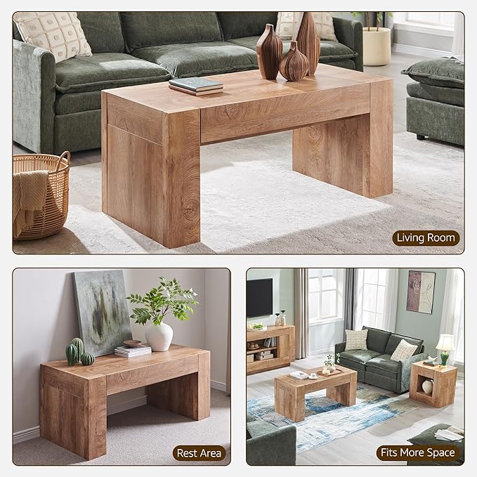 OKD 48" Modern Farmhouse Coffee Table, Wooden Living Room Table with Hidden Storage Drawer, Rustic Rectangular Center Tables w/Wood Thick Design for Living Room, Office, Light Knotty Wood