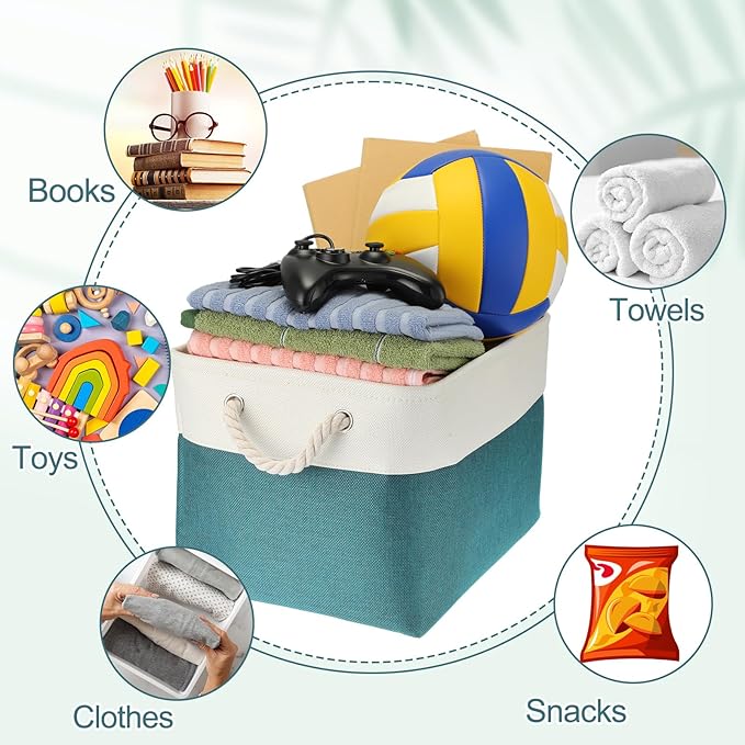 meekoo 8 Pack Collapsible Storage Bins Fabric Storage Bins Polyester Fabric Baskets with Handles Linen Closet Organizer for Shelf Home Closet Towels Toys(15 x 11 x 9.5 in,Cyan White)