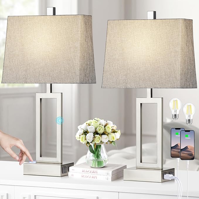 Touch Control Table Lamps Set of 2, Modern Silver Bedside Lamps with USB A+C Ports & AC Outlet, 3 Way Dimmable Contemporary Nightstand Lamps for Bedroom Living Room(LED Bulb Included)