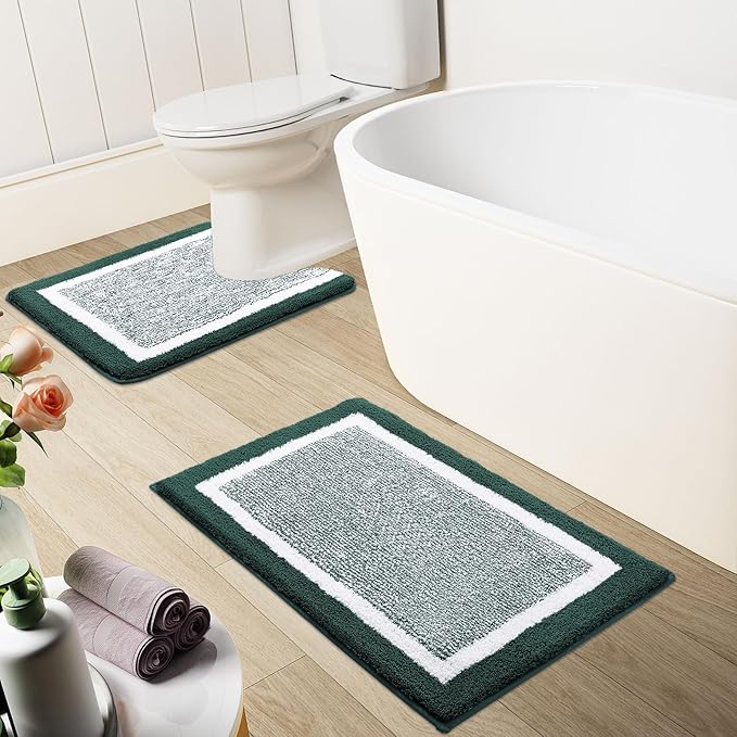 OLANLY Toilet Rugs U-Shaped 24x20, Extra Soft and Absorbent Microfiber Bathroom Rugs, Non-Slip, Machine Wash Dry, Plush Shaggy Contour Bath Mats for Toilet Base (Blackish Green and White)