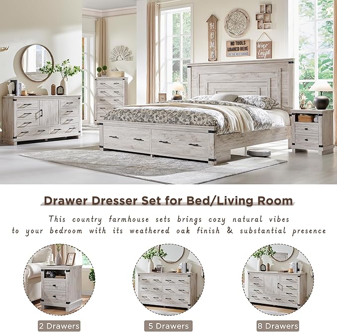 Farmhouse 6 Drawers Dresser for Bedroom, Wood Large Chest of Drawers with Thick Plank Styling, Rustic Closet Dresser for Bedroom, Living Room, Antique Brush White