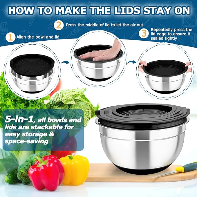 TeamFar Mixing Bowls Set of 5, Stainless Steel Nesting Salad Bowl with Lid & 3 Grater Attachments for Salad Mixing/Food Storage, Healthy, Airtight Lid & Non-slip Bottom - 4.6/3.5/2.5/1.5/1 QT