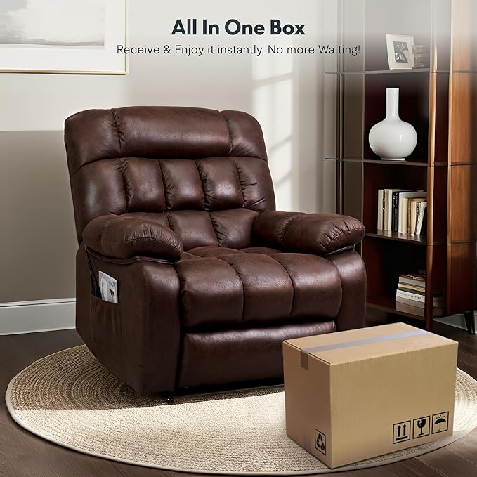 FLEXISPOT XL51 Dual OKIN Motor Power Lift Recliner Chair for Elderly, Lay Flat Sleeper Recliner with Massage & Heat, USB Ports, Faux Leather Reclining Sofa for Living Room Bedroom(Extra Large, Brown)