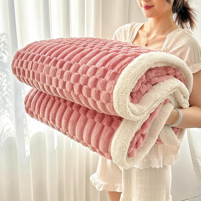 UKELER Sherpa Bed Blanket 80 × 90 inch, Ultra Soft Queen Size Throw Blankets for All Season, 470 GSM Cozy Plush Striped Fleece Blanket for Bedroom Living Room Dorm Hostel Sofa Camping, Pink