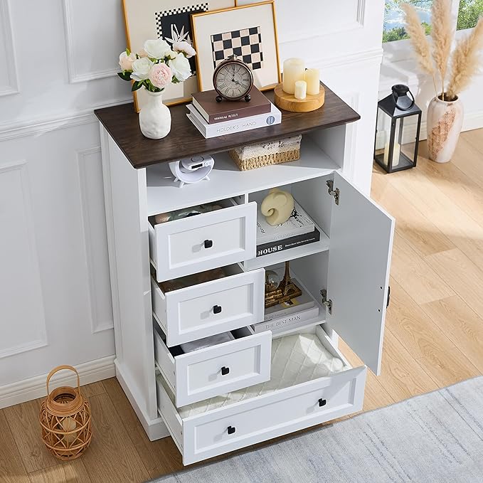 4+1 White Dresser for Bedroom, Chest of Drawers for Bedroom with Wooden Drawers and Cross Door, Wood Dressers Storage TV Stand for Bedroom, Living Room