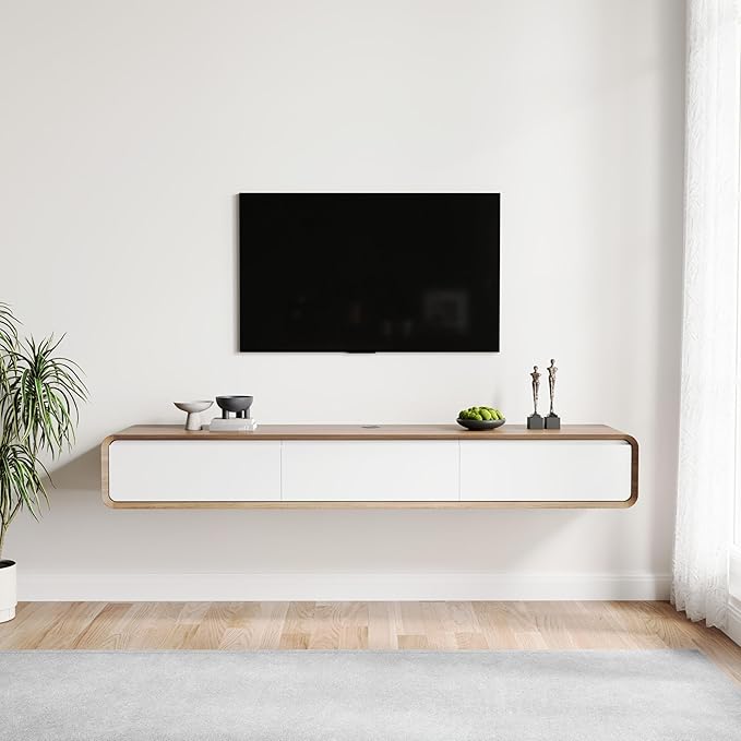 POVISON Fully-Assembled Minimalist Floating TV Stand, Modern Wall-Mounted Entertainment Center with 3 Flip-Down Cabinet Doors, Solid Wood Media Console, Walnut & Black, 70.87"