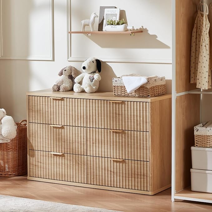 LEYAOYAO Fluted 6 Drawers Dresser Set of 2, 48" Wide Modern Chest of Drawers with Metal Handle, Natural Curved Profile Dresser TV Stand, Wooden Drawer Organizer for Bedroom, Living Room, Hallway