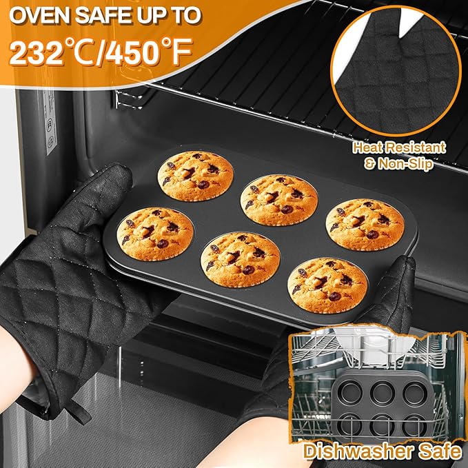 12PCS Nonstick Bakeware Set, Non-Toxic Carbon Steel Baking Pans Set with Wider Grip, Includes Roasting Pan, Cookie Sheet, Cake Pans, Muffin Pans, Cooling Rack, Oven Mitts, Easy Release