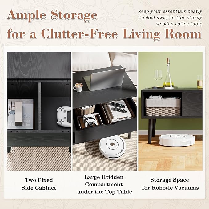 OLIXIS Wood Lift Top Coffee Table with Hidden Compartment and Large Storage Shelf, Lift Tabletop Dining Center Table for Home Living Room Office, Black