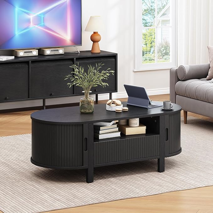 47.2 Inch Oval Coffee Table with Storage, Mid Century Modern Coffee Table with Drawer, Center Table with Sliding Door and Wood Fluted Handle for Living Room, Black