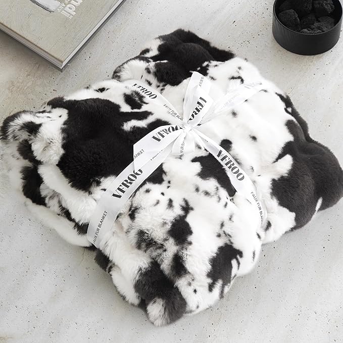 Ultra Plush Bubble Faux Rabbit Fur Blanket – 950GSM Thick Fluffy Throw Blanket for Bed, Couch, Sofa, or Gift, 60" × 80", Black Cow