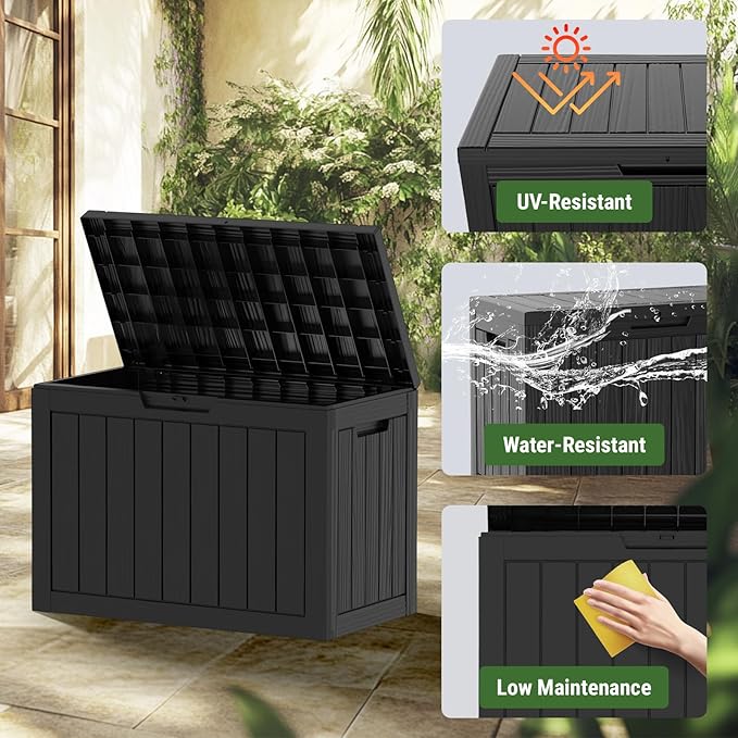 Mars Villa 45 Gallon Outdoor Storage Box, Resin Deck Box Waterproof, Storage Chest for Outside Patio Furniture Cushions, Pool Supplies, Garden Tools, UV Resistant and Weatherproof, Black