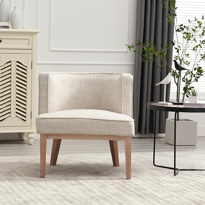 Set of 2 Arm Accent Chair Barrel Accent Chair with Wood Legs, Comfy Barrel Side Chair Linen Upholstered Reading Chairs with Back for Living Room Bedroom, Living Room Chair, Beige