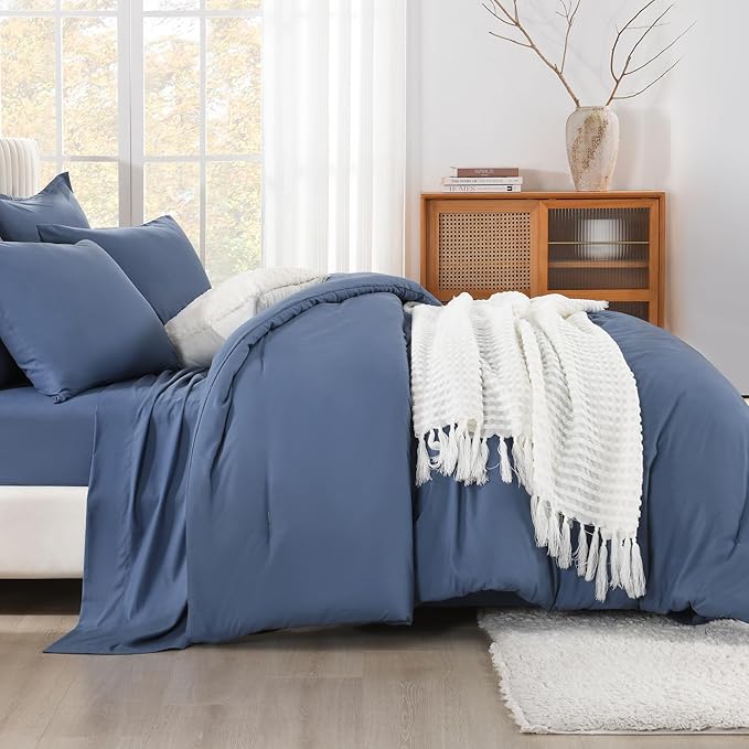 Litanika King Size Comforter Set Ocean Blue - 7 Pieces Bed in a Bag King Bedding Comforter Sets, Solid Lightweight Bed Set with Comforter, Sheets, Pillowcases & Shams