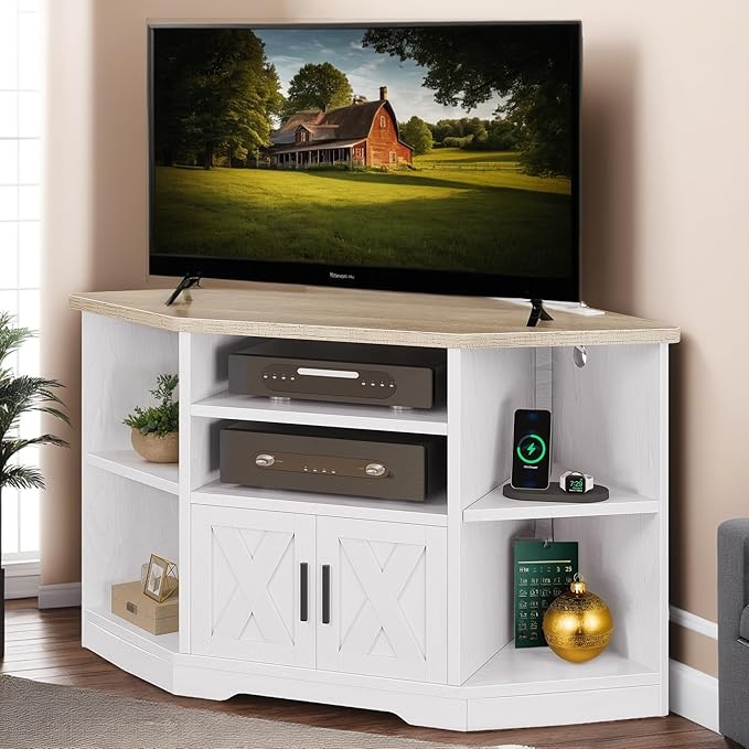 YITAHOME Corner TV Stand for 55/50 Inch TV, Farmhouse TV Stand for Living Room, Entertainment Center with Storage & Power Outlet, TV Console Cabinet for Living Room, Grey Wash & Grey White