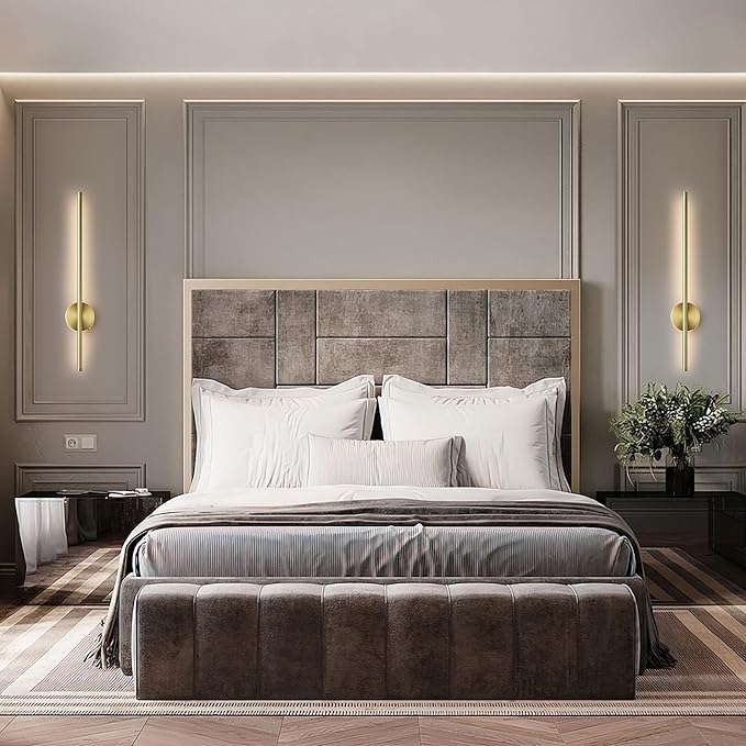 Battery Operated Modern Wall Sconces, Dimmable Wireless Wall Light Set of Two with Remote Control, 3 Color Temperatures, Rechargeable LED Wall Sconce for Bedroom, Living Room, Hallway, 23.6 Inch Brass