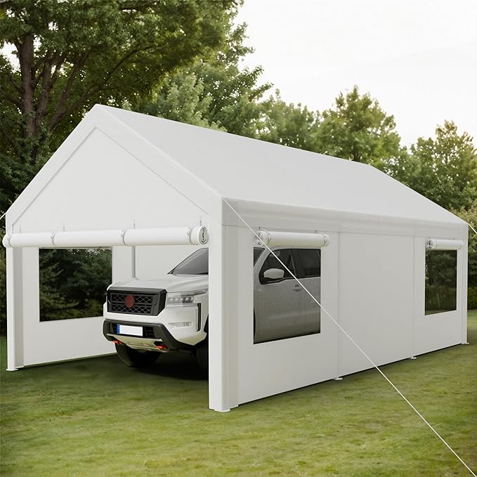 Shintenchi Carport 12' x 20' Heavy Duty Portable Garage, Car Port Canopy with Side-Opening Removable Door & Roll-Up Windows, Car Canopy for Truck,Car,Boat,Motorcycle,White