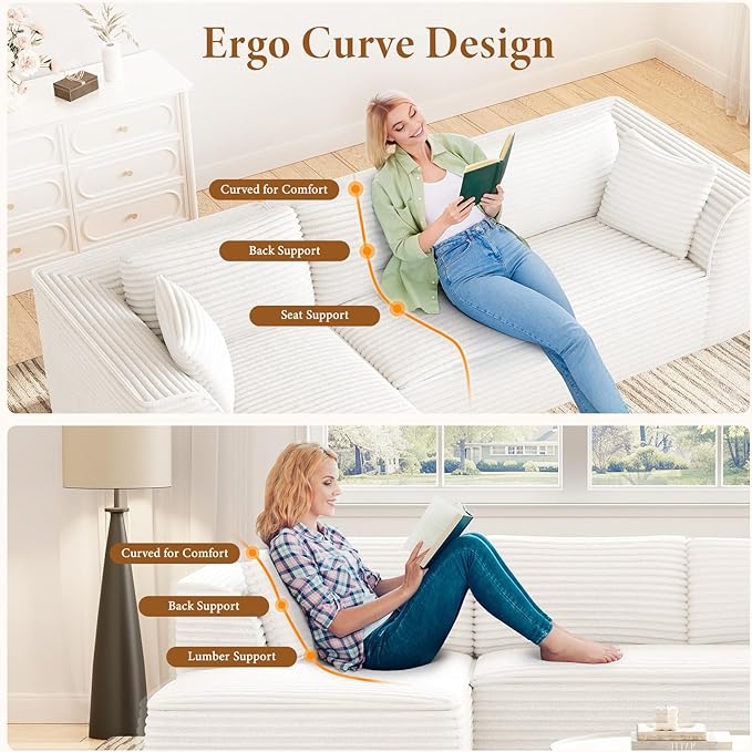 Vesgantti 106" Boneless Couch with Chaise, Deep Seat Comfy Cloud Modular Sofa Corduroy Memory Foam Sectional Couches for Living Room Bedroom, No Assembly Required (Beige, Left-Facing Chaise)