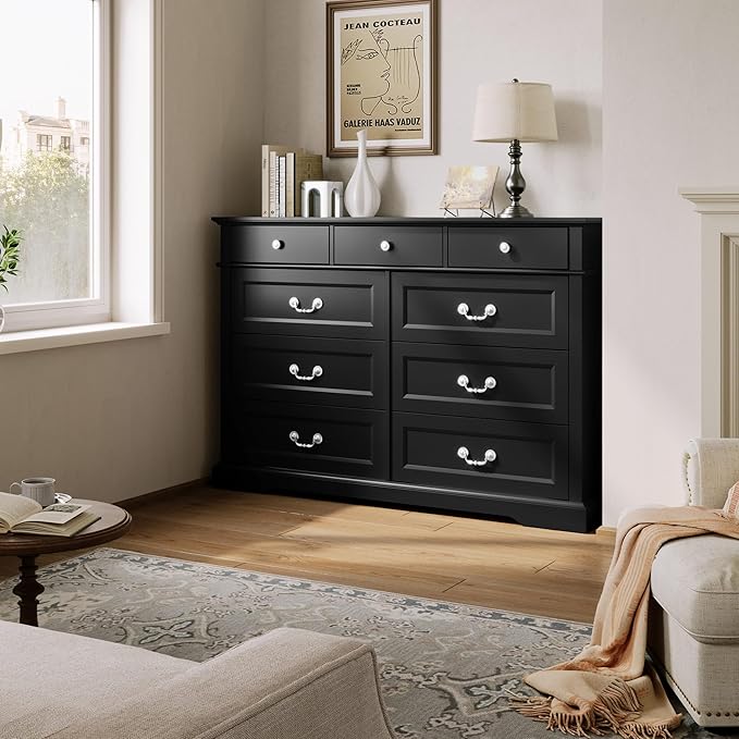 LINSY HOME 9 Drawers Dresser for Bedroom, Wood Modern Farmhouse Drawer Chest, Tall Black Dresser for Closet, Large Dressers with Storage Organizer for Living Room, Closet, Hallway