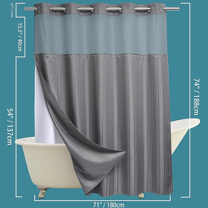 Conbo Mio No Hook Waffle Weave Shower Curtain with Snap in Liner Set, Hotel Luxury Grey Shower Curtains for Bathroom with See Through Top Window, Waterproof, Washable 71W x 74H Stripe